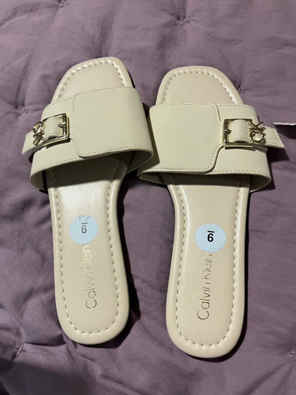 Calvin Klein Women's Beige Slide Mules with Gold Hardware